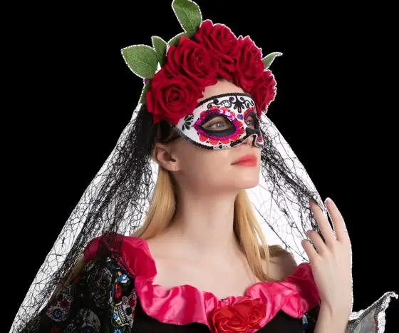 Set Día de Muertos: Diadema con Rosas, Velo y Antifaz