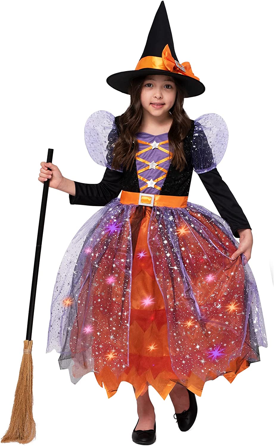 Disfraz de Bruja Estampado Naranja para Niña, foto 1 de 7