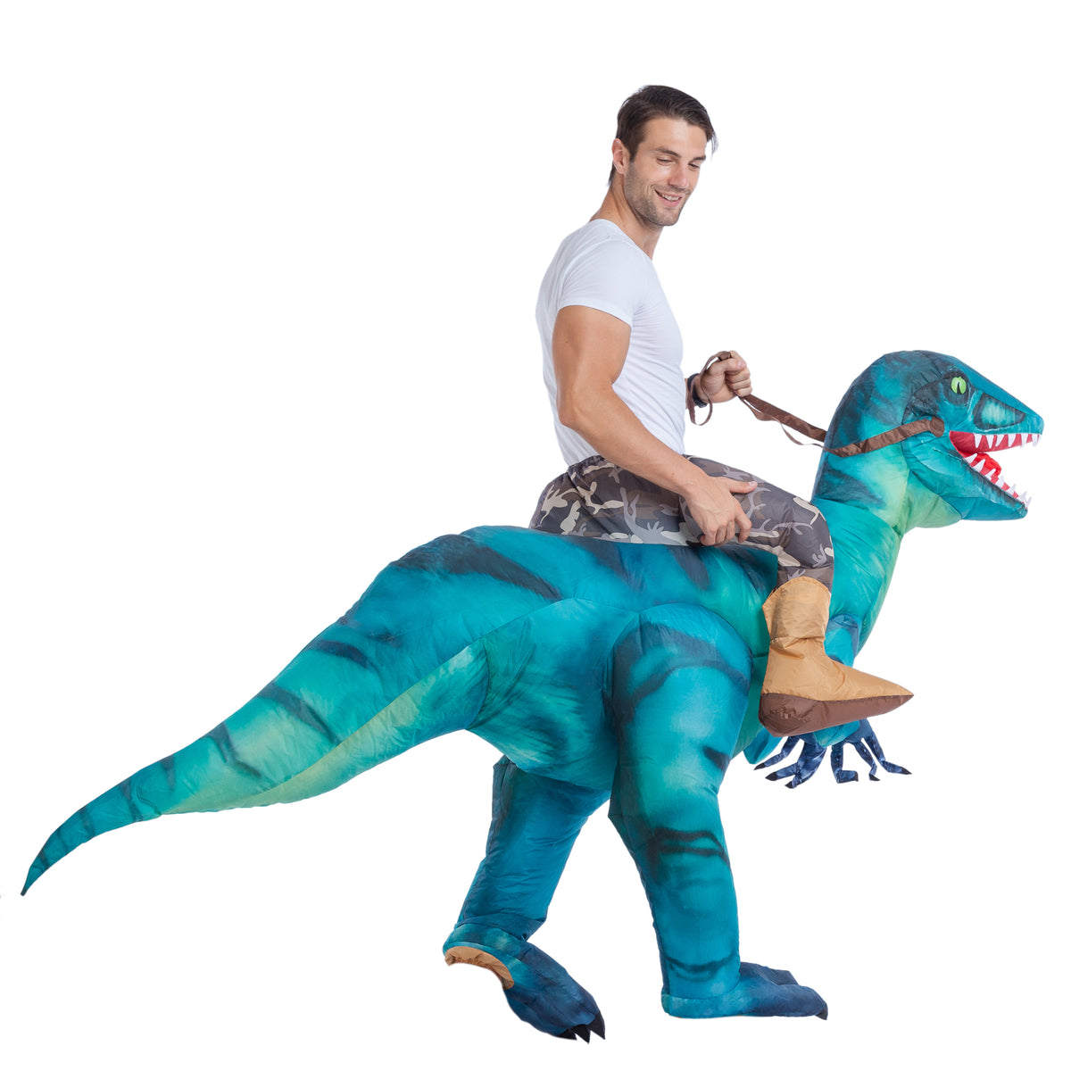 Disfraz Inflable Montando Raptor Azul, foto 1 de 7