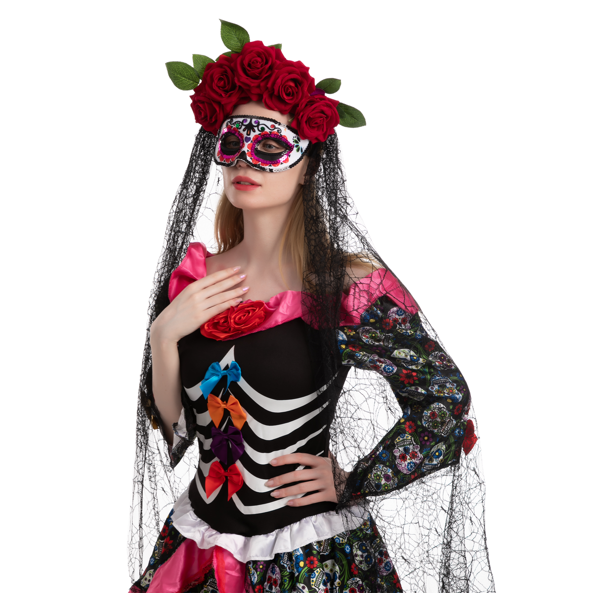 Set Día de Muertos: Diadema con Rosas, Velo y Antifaz, foto 2 de 5