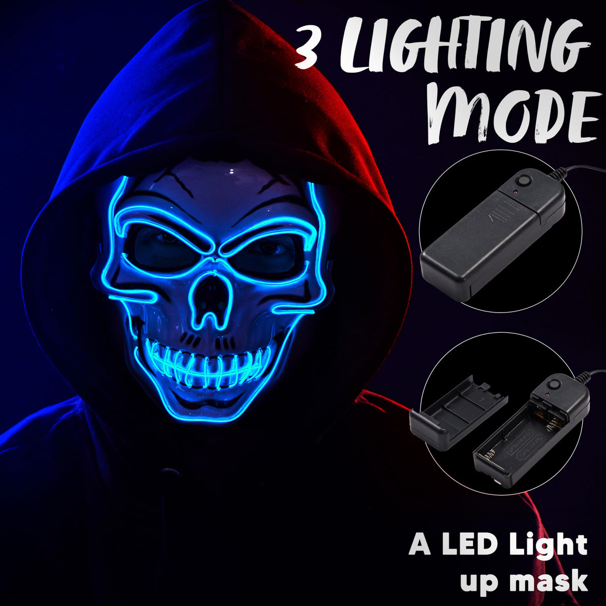 Máscara LED de Calavera con Guantes Luminosos Azul, foto 3 de 9